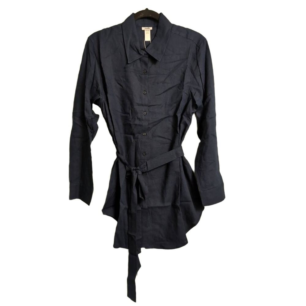 NWT Andie Button Up Linen Blend Navy Blue Tie Waist Long Sleeve Collared Shirt L